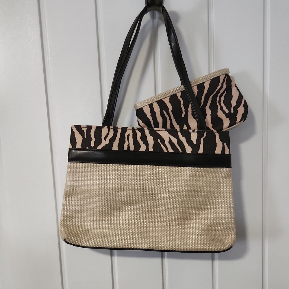 Vintage Estee Lauder Neutral Straw Tote  with Zebra Stripes And Cosmetic Bag